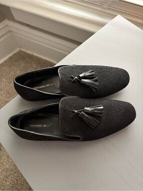NWOT Zara Black Glitter Tassel Loafers Size 8